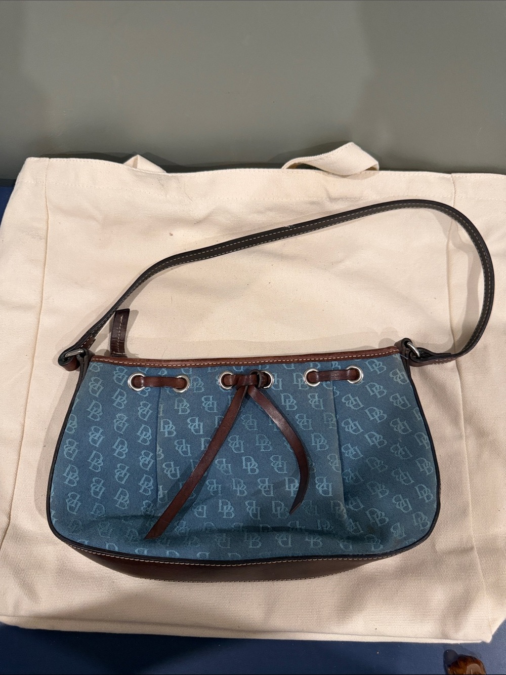 Blue Monogram Shoulder Bag with Brown Leather Trim
